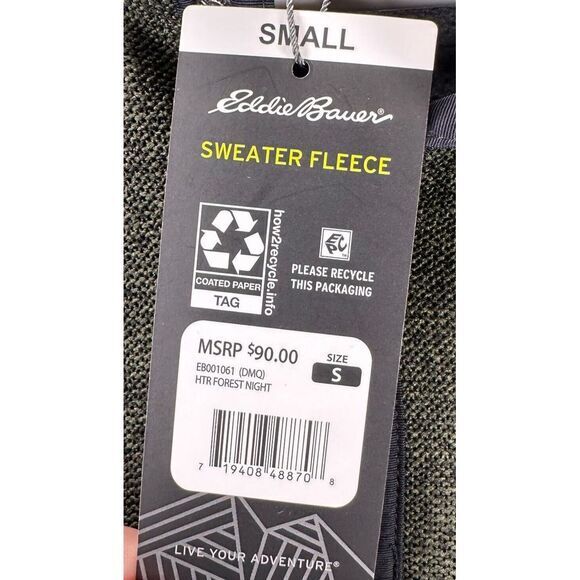 Eddie Bauer Sweater Adult Small Green Knit Fleece Snap Pullover Classic Mens NEW